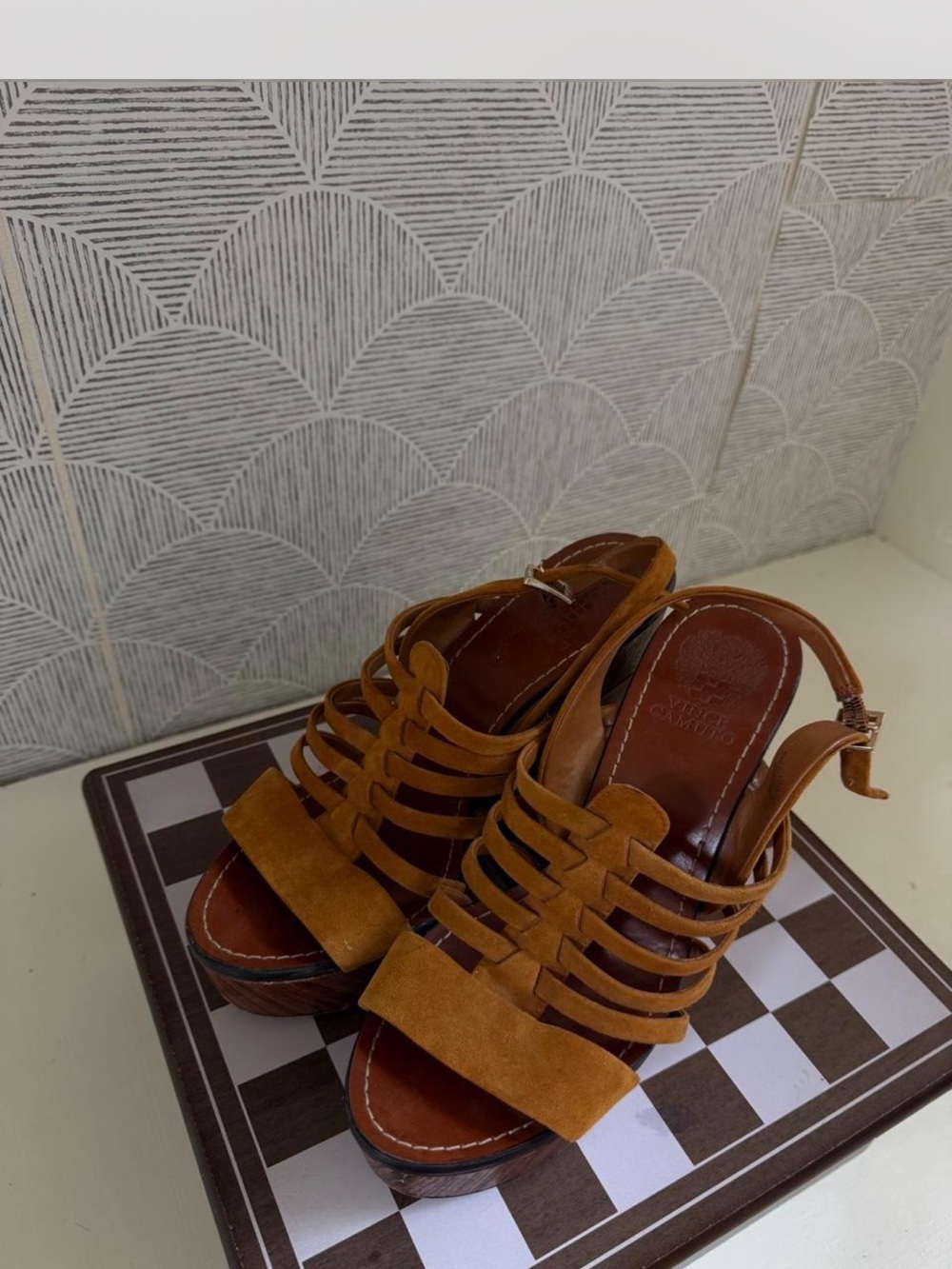 Vince Camuto Tan Suede Strappy Platform Wedges - Picture 2 of 4